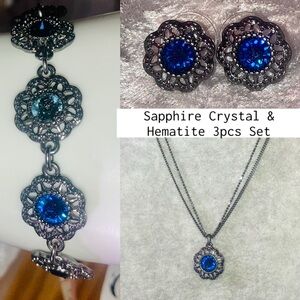Blue Crystal & Hematite Statement Necklace Earrings Set